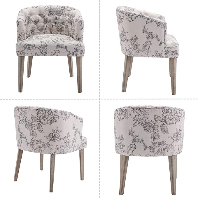 DUOMAY Modern Tufted Dining Chairs Set of 6, Linen Upholstered Side Chair, Comfy Accent Barrel Chair with Wood Legs for Home Kitchen Dining Room Living Room Restaurant, Beige Flower Pattern