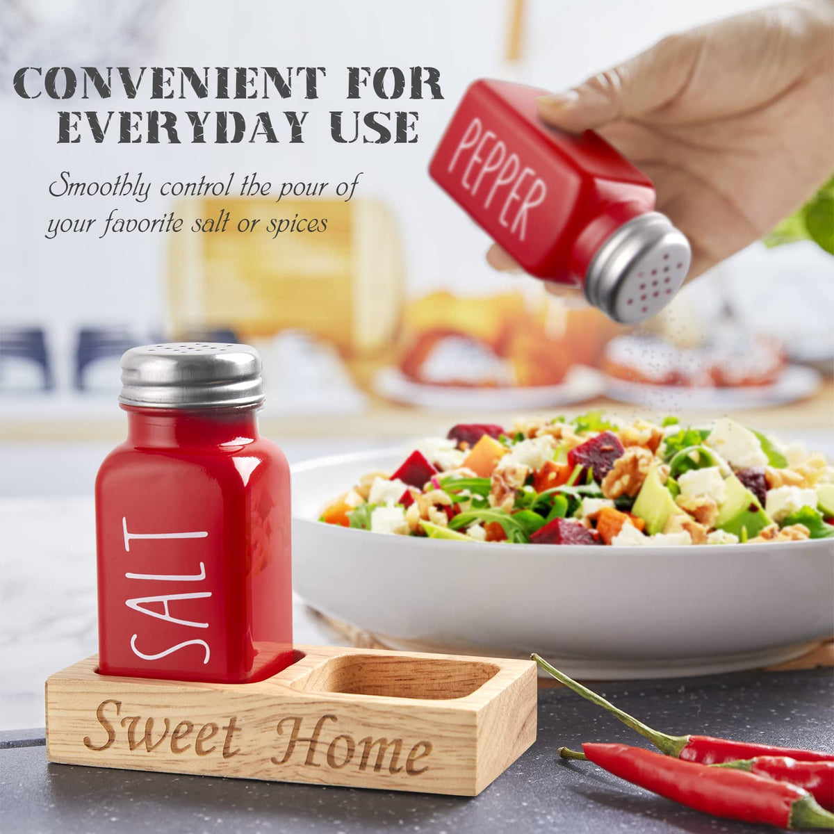 Red Salt and Pepper Shakers Set with Holder - Dopeca Glass Salt Shaker with Wood Tray for Kitchen Counter - Red Kitchen Decor and Accessories - for Christmas Kitchen Housewarming Gift - 2.7 oz