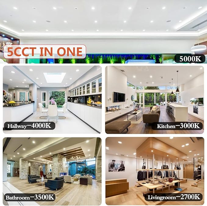 MKUJOO 12 Pack 4 Inch Ultra-Thin 5CCT LED Recessed Ceiling Light with Junction Box,panel light,9.5W,2700K/3000K/3500K/4000K/5000K Selectable Dimmable recessed lighting ETL&FCC&CE Energy Star Certified