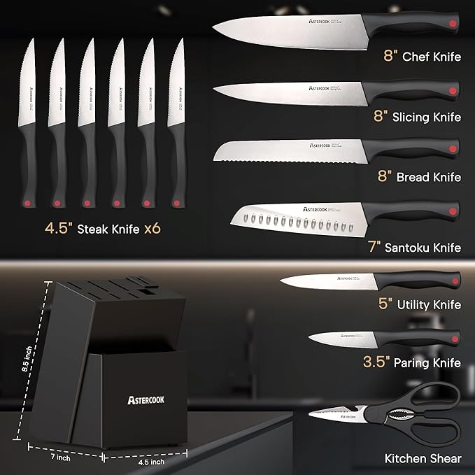 Astercook Knife Set, 15 Pieces Kitchen knives Set with Built-in Sharpener, High Carbon German Stainless Steel Chef Knife Block Sets, Sharp & Rust Resistant Dishwasher Safe, Black