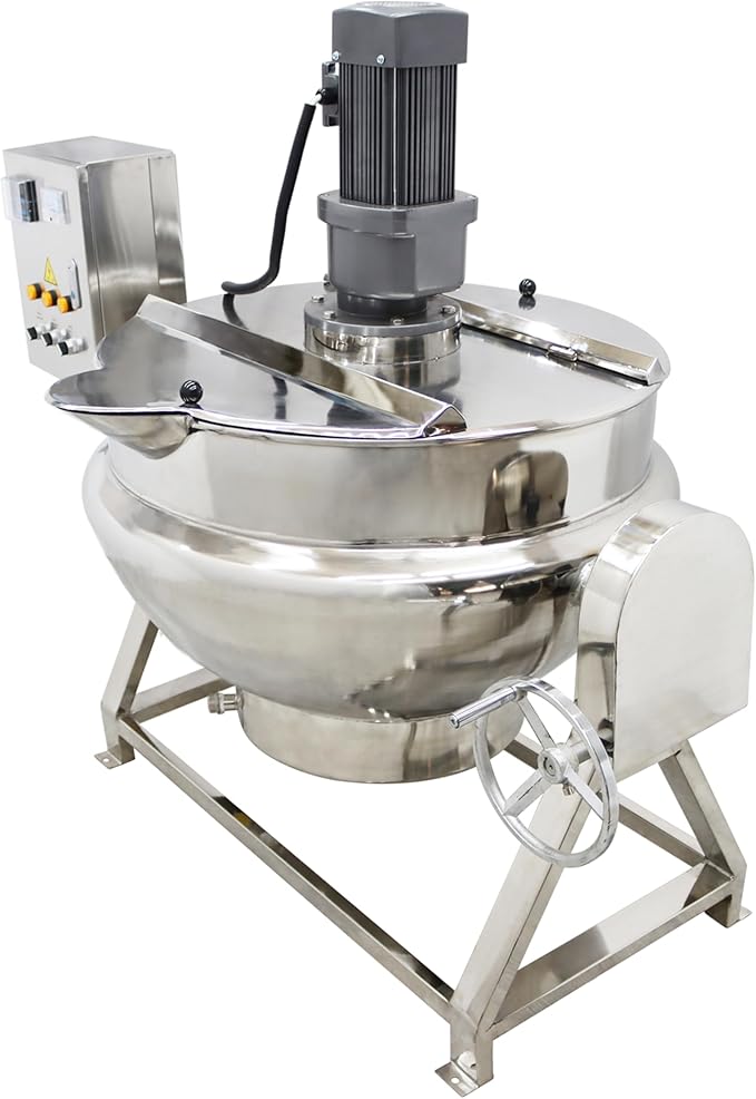TECHTONGDA 54gallon Commercial Electric Cooking Pot with Stirrer Tilting Jacketed Heating Machine Stainless Steel for Soup Chilli Tomato Sauce Fruit Jams Porridge 220V