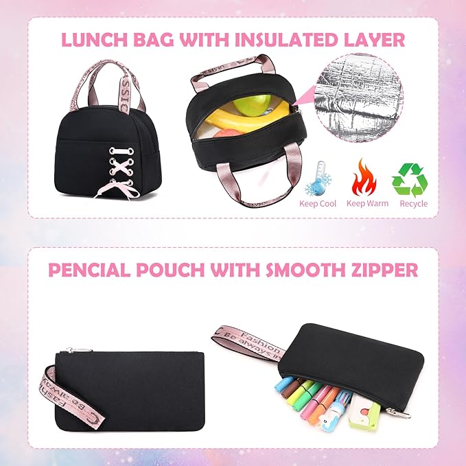 Backpacks for Girls, Girls Backpack with Lunch Box and Pencil Case for Teen Kids Elementary Middle High School College Student, Children School Backpack Bookbag with USB Charging Port (Pink)