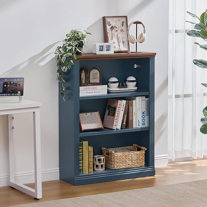 43" Blue Tall Bookshelf Set of 3,3-Tier Thick Wooden Book Shelf with Adjustable Shelves,Free Standing Farmhouse Bookcase with Open Display Storage,Floor Vintage Bookshelves for Living Room 