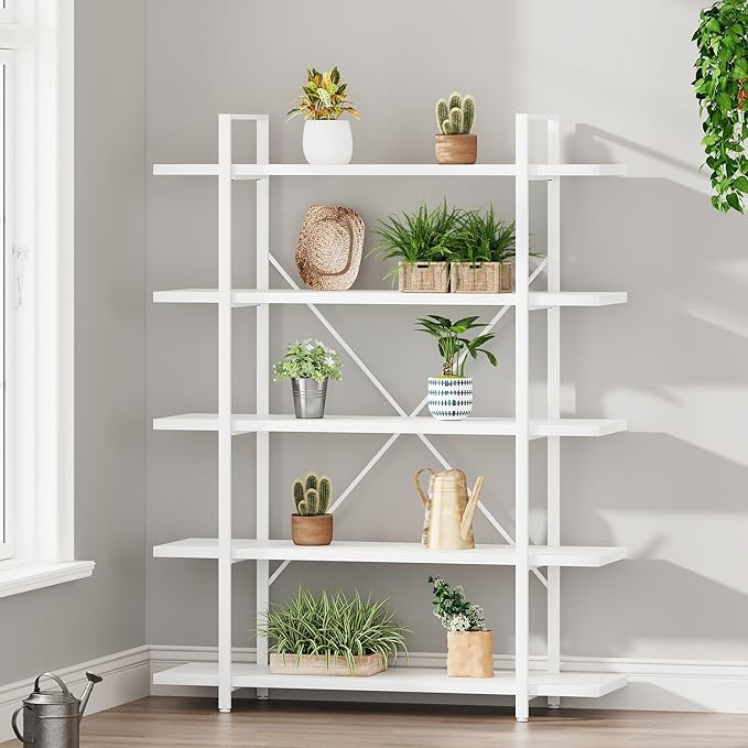 HSH 5 Tier Tall White Bookshelf, Metal and Wood Storage Book Shelves for Bedroom Living Room Office, Modern Large White Bookcases and Bookshelves 5 Shelf, Farmhouse Open Vertical Display Book Shelf