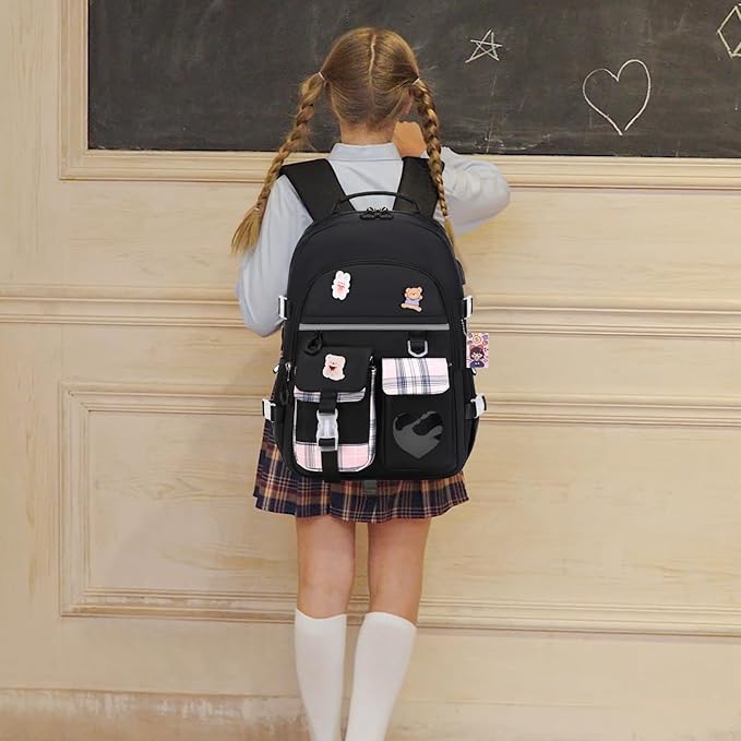 Backpack for Girls - Bookbag Backpacks Schoolbag for Girls Kids Teen Women Casual Travel Daypacks - School Bag Elementary Middle School College Cute Backpack with Lunch Box (Black)