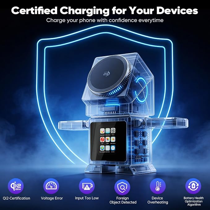 Robot 7-in-1 Magnetic Wireless Charging Station with Qi2 25W Fast Charging | Multifunctional Rotating Charger for Apple Multiple Devices LCD Display Bluetooth Speaker Alarm Clock 45W Adapter Sliv