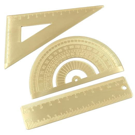 Brass Mini Ruler Set,Triangle Ruler & Protractor & 4 inch Straight Ruler,Drafting Ruler Set for Measuring, Drawing, Learning Math Geometry (3 Pack)