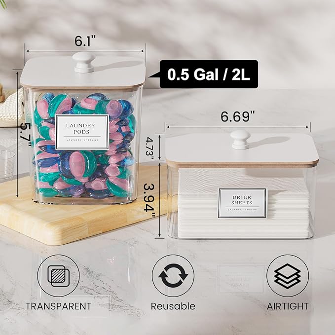 Laundry Pods Storage Container, Clear Laundry Room Organization and Storage,Detergent Powder Container,with Wooden Lids & Labels, 3+1 Pack(White)