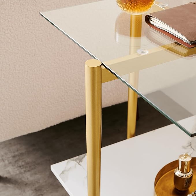 Square Glass End Table, Mid-Century Modern Design Sofa Table, for Living Room, L18 x W18 x H23, Clear Glass Top and White Marble MDF Shelf, Sleek Conical Metal Legs with Gold Finish