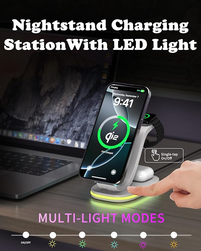 3 in 1 Wireless Charging Station for Qi2 Apple Multiple Devices, 30W USB C Adapter&Light, Fast Mag-Safe Charger Stand Compatible with iPhone 16 15 14 Pro Max, Apple Watch Series 10 9 & Airpods 4 3 Pro