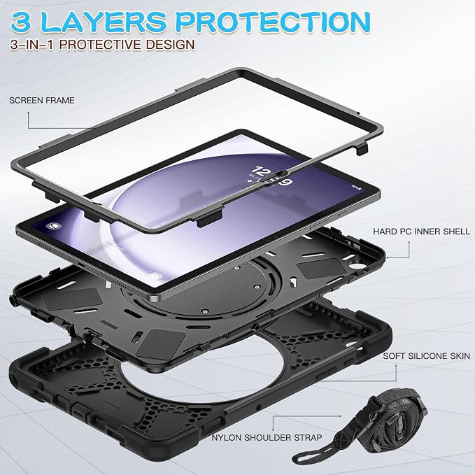 Case for Galaxy Tab A9 8.7 2023 (SM-X110/ X115) Heavy Duty Protective Case with 360 Degree Swivel Stand&Hand Strap&Shoulder Strap (Black)