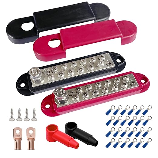 1/4" Stud Power Distribution Block Bus Bar with 12 x #8 Screws, Ampper 5.3" 12V 150A Marine BusBar Battery Distribution Block Kit W/Cover for Car Boat Solar (Red & Black)