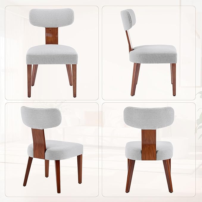 Dining Chairs Set of 3, Mid-Century Modern Upholstered Kitchen Chairs with Curved Backrest and Linen Fabric Seat, Wood Leg Accent Chairs for Dining Room, Living Room, Bedroom, Grey