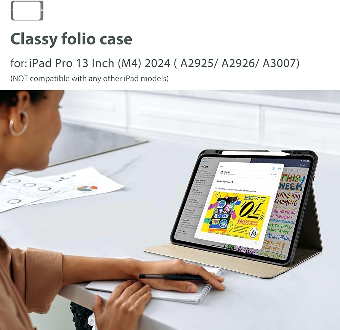 ProCase Leather Case for iPad Pro 13 Inch 2025 M5 and 2024 M4 - Black | PU Leather Folio With Pencil Holder Hand Strap Front Pocket and Multi-Angle Stand for Business and Travel