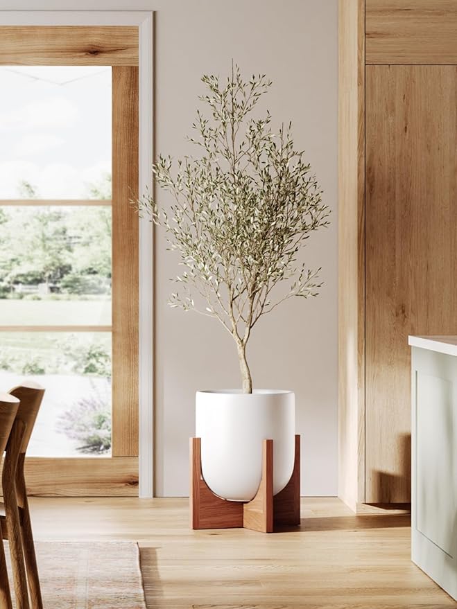 LE TAUCI 10 Inch Plant Pot with Acacia Wood Stand, Ceramic Planters for Indoor Plants, Unique Plant Pots Indoor for Home Decor, Mid-Century Modern Pots for Plants with Drainage Hole and Plug, White
