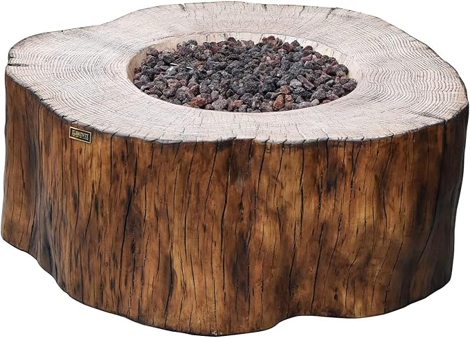 Elementi | Manchester Gas Fire Pit Cast Concrete Semi-Round Fire Table, Outdoor Fire Pit Electronic Ignition | Canvas Cover, Lava Rock Included | Red Wood (Propane Gas)