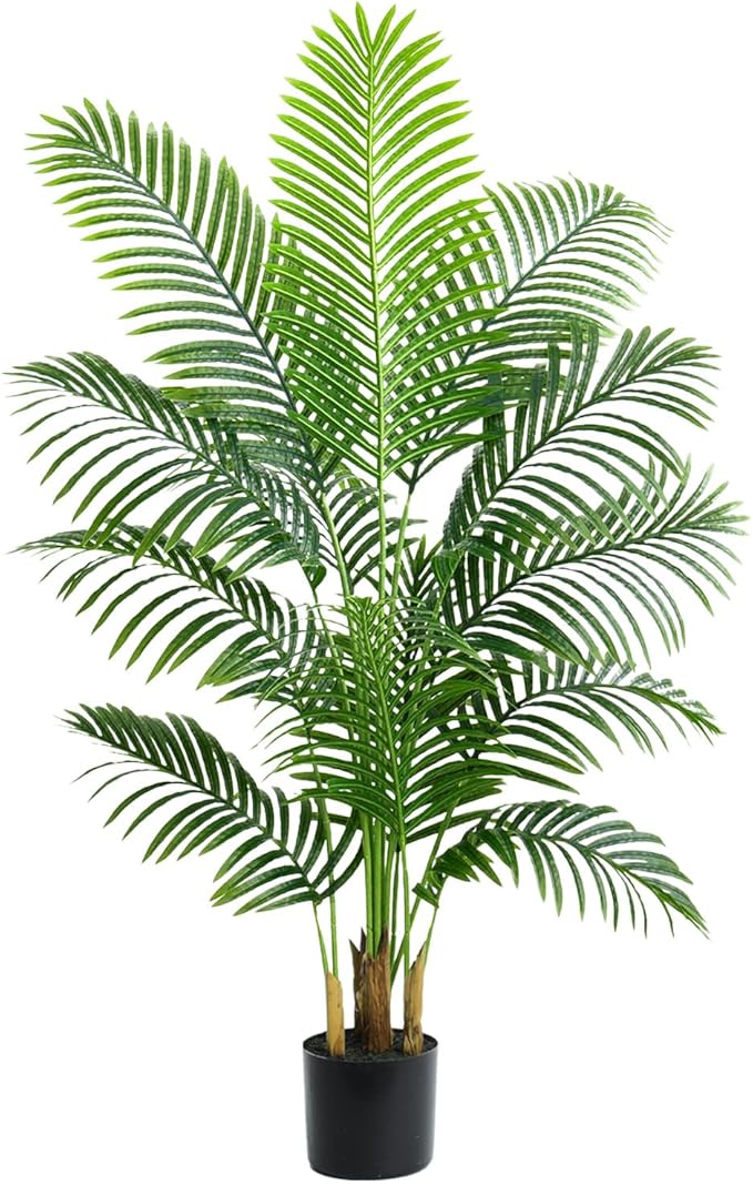 Artificial Palm Tree 5FT Artificia Plants Indoor Fake Tree Tropical Fake Plam Trees Areca Floor Plant in Black Pot with 13 Trunks & Real Bark Design Faux Palm Plant for Outdoor Home Room Decor