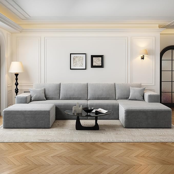 135.4" Cloud Modular Sectional Couch with 1 Ottoman,Modern Minimalist Upholstered Couches, Comfort U Shaped Sofa for Living Room,Deep Seat Corner Couch,No Assembly Required (Grey,Right Facing Chaise)