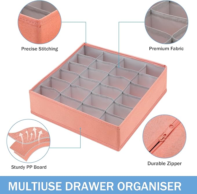 Foldable Storage Cubes Drawer Underwear Organizer Dividers, under Cabinet Organizer 24-Cell Fabric Storage Boxes for Lingerie,Socks,Ties (Orange)