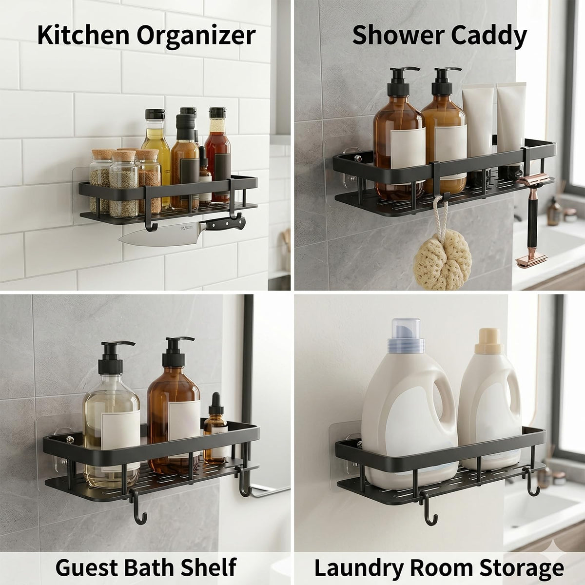Wall Mounted Shower Caddy Shelf with Hooks, Bathroom Kitchen Organizer Rack for Save Space No Drill Adhesive Storage for Shampoo Conditioner Cosmetics Toiletarticles and Miscellaneous ltems