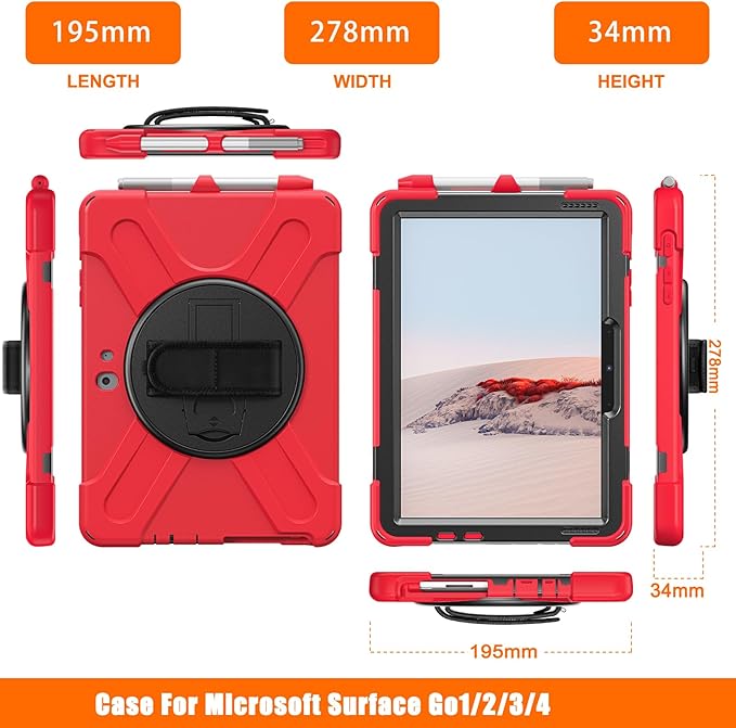 ZenRich Rugged Case for Surface Go 4 (2023)/Surface Go 3 (2021)/ Surface Go 2 (2020), Surface Go (2018) with Pen Holder Heavy Duty Shockproof Case with Stand Hand Strap and Shoulder Belt-Red