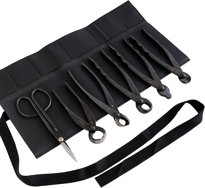 Wazakura Made in Japan 6PCS Bonsai Professional Tool Kit with Roll Bag: Yasugi Steel Twig Scissor, Concave Branch Cutter, Knob Cutter, Jin Plier, Wire Cutter, Root Cutter. Bonsai Tool Set with Case