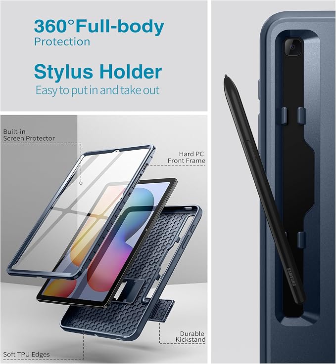SURITCH Rugged Case for Samsung Galaxy Tab S6 lite 10.4-inch 2024/2022/2020 Built-in Screen Protector Full Body Heavy Duty Shockproof Protective Tablet Cover with S-Pen Slot Kickstand Navy