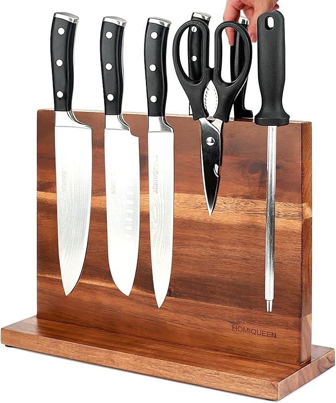Magnetic Knife Block Double Sided Magnetic Knife Holder Rack with Strong Enhanced Magnets Acacia Wood Magnetic Knife Storage Stand