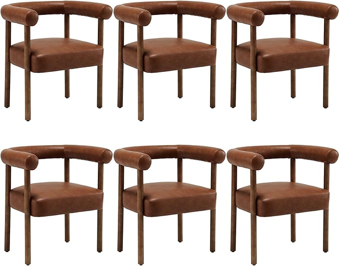 Mid-Century Modern Dining Chairs Set of 6, Armrest Barrel Dining Chairs Side Accent Chairs with Curved Back, Upholstered Wood Armchairs for Kitchen, PU Leather Brown