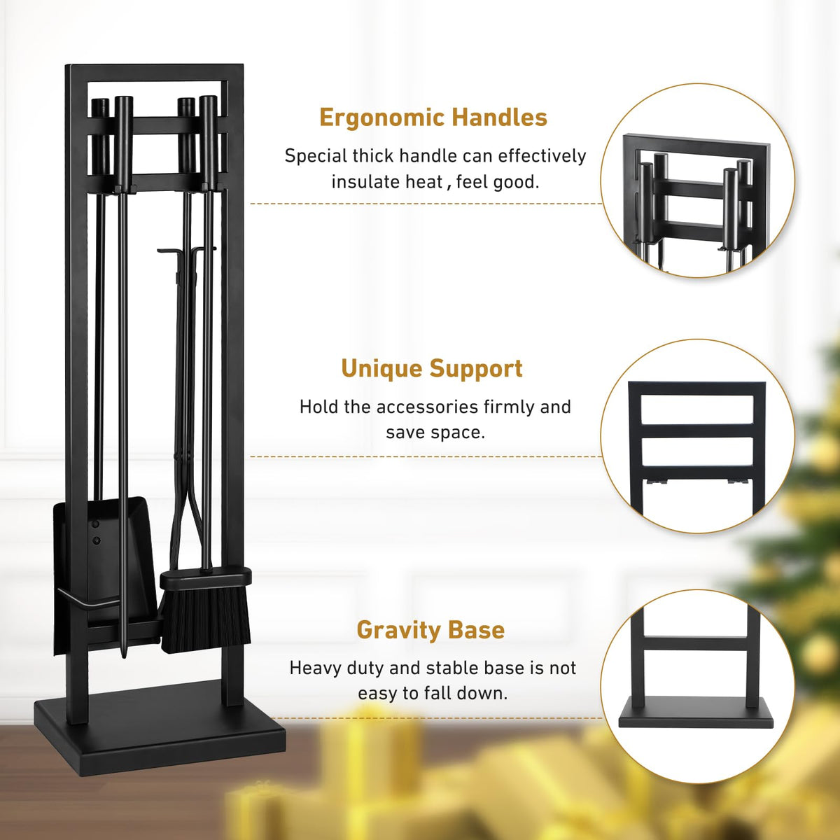 FEED GARDEN 5-Piece Fireplace Tool Set, 30" One-Piece Stand, Wrought Iron