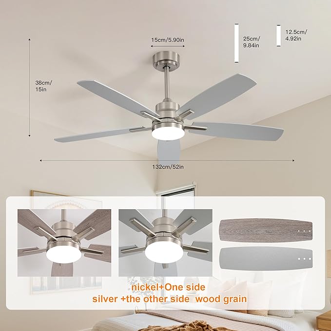 ARTPLAN 52" Ceiling Fan with Light and Remote, Noiseless DC Motor & Reversible Blades - Flush Mount LED Ceiling Fan for Bedroom, Living Room, Dining Room,Nickel