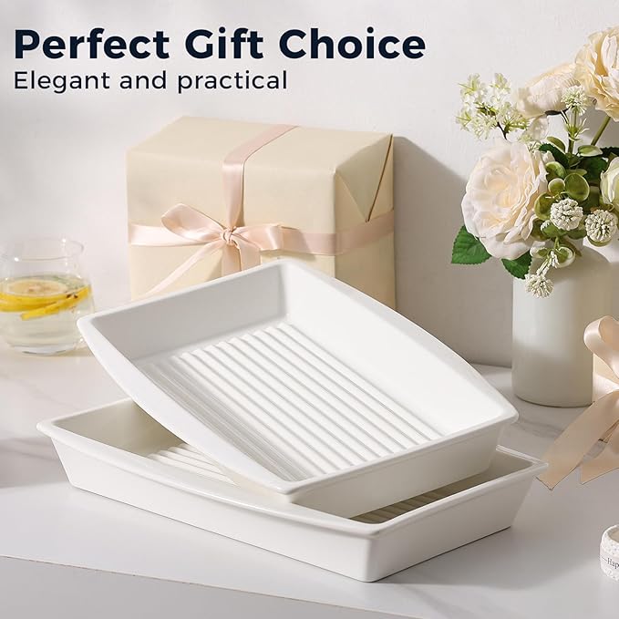 DELLING 9x13 Ceramic Baking Dish Set of 2, Lasagna Pan with Groove Design, Casserole Dish for Oven, Deep Bakeware with Handles, White Porcelain Roasting Pan, Microwave Dishwasher Safe, 14" x 9.3"