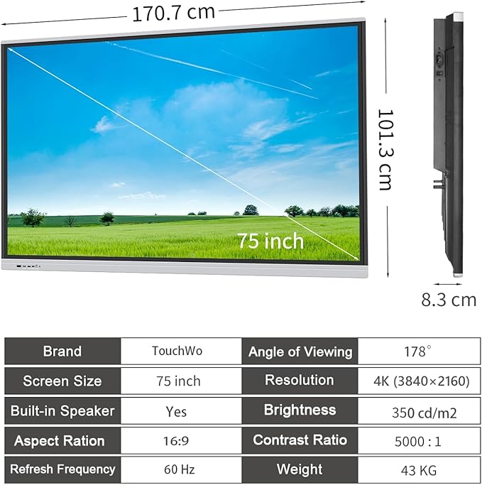TouchWo 75" Touchscreen Monitor Smart Board, 4K Interactive Presentation Electronic Whiteboard with Android 13, Digital Signage Display for Office, Classroom,RAM 4GB+ ROM 32GB