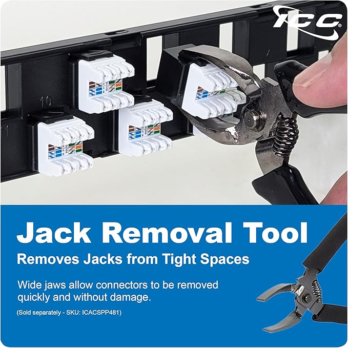 ICC 24 Port Blank Keystone 1U Patch Panel with 19” Metal Rackmount Housing and Cable Support Bar, Staggered Ports to Reduce ANEXT, Works with Keystone Jacks (Sold Separately), UL Listed, IC107PPU6A