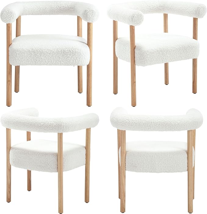 Mid-Century Modern Dining Chairs Set of 4, Armrest Barrel Dining Chairs Side Accent Chairs with Curved Back, Upholstered Wood Armchairs for Kitchen, Sherpa White