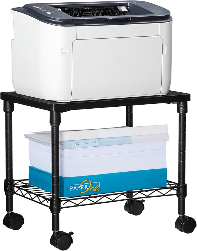 SONGMICS 3 Tier Wide Printer Stand with Wheels, Rolling Printer Table Cart with Metal Storage Shelf, for Home and Office, 16.1 x 12.2 x 15 Inches, Black ULGR301B01