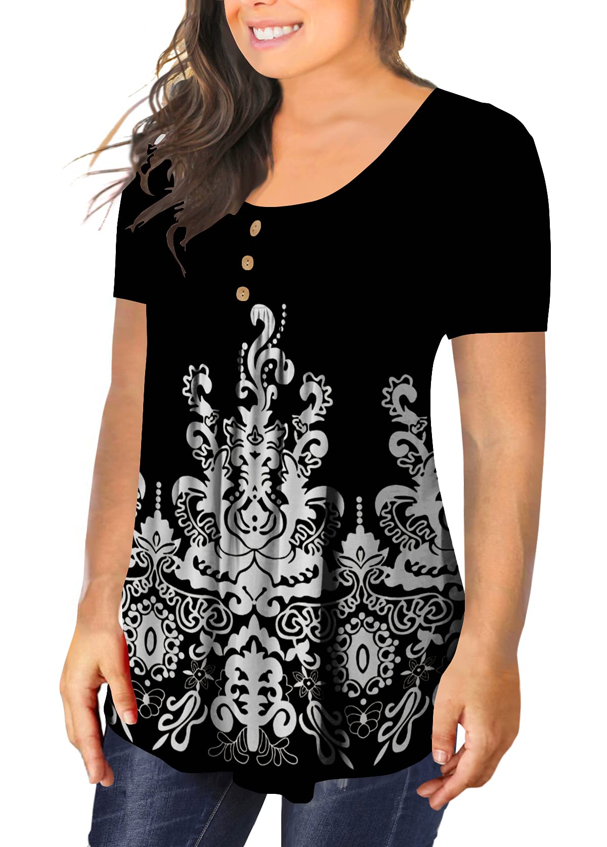 BeadChica Women's Plus Size Tunic Tops Casual Flowy Tshirts Ruched Botton Up Short Sleeve Blouses-Floral-XL White Pattern