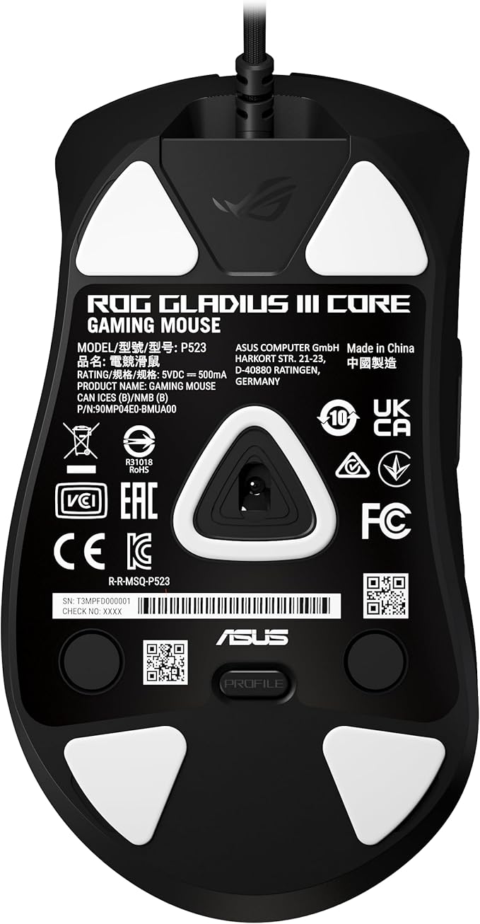 ASUS ROG Gladius III Core Wired Gaming Mouse – Right-Handed Ergonomic, 72g, 12K DPI, ROG Paracord, Push-Fit Switch Sockets/Hot-Swappable Switches, Gear Link Web-Based Configuration, PC/Mac Support