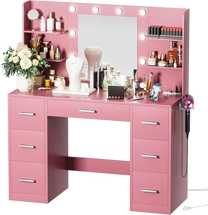 VICTONE Vanity Desk with LED Lighted Mirror&Power Outlet, 3 Model Lights Makeup Vanity Table with 7 Drawers and 6 Storage Shelves for Bedroom and Dressing Room (Light Pink)