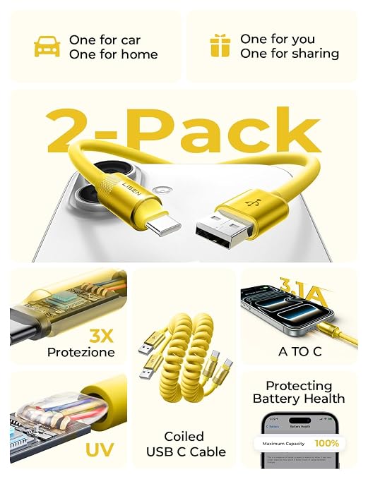 LISEN Chubby Cable Coiled Cable 2 Pack Car Play Cord | for Android Auto Short USB A to USB C Cable for iPhone 17/16/15 Samsung Galaxy S25/S24 A15/A14 Google Pixel 9/8 Blue 4FT