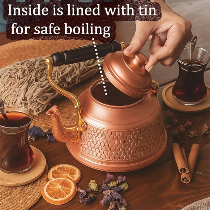 Vintage 100% Pure Solid Copper Turkish Hammered TeaPot Tea Kettle Pot for Stovetop Stove Top Infuser Decorative Fancy Arabic Moroccan Party Serving Kitchen Antique Handmade Unique Style Gooseneck Gift