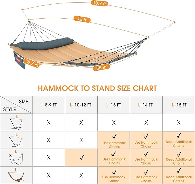 Lazy Daze Hammocks 12 FT Quilted Fabric Hammock with Curved Aluminium Spreaders Bar, Outside Double Thickened Hammock with Soft Pillow, Side Pocket 450 Lbs Capacity for Patio, Poolside, Khaki