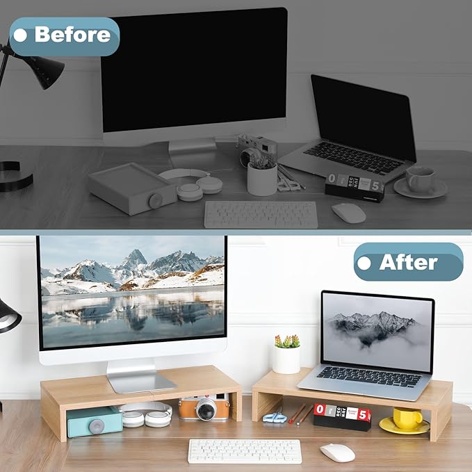 TEAMIX 2 Pack Monitor Stand Riser-20 inch, Wooden Desktop Riser for TV/PC/Laptop/Printer, Cozy Monitor Riser with Storage, Computer Stand Space-Saving