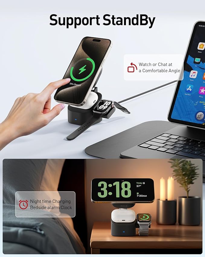 iWALK 3-in-1 Magnetic Wireless Charging Stand, 15W Foldable Charger Station for iPhone 16/15/14/13/12, Apple Watch & AirPods, Adjustable Dock with 20W USB-C Adapter
