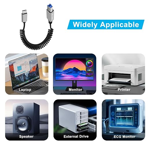 Coiled USB A to B Printer Cable Coiled USB 3.0 Printer Cable Super Speed 5Gbps for Scanner External Hard Drives Multifunction Printers (Type A 1 m)