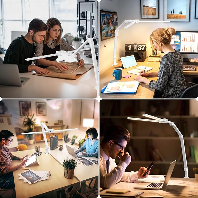KableRika Desk Lamp,Double Head Desk Lamp with Clamp,24W Led Desk Lights for Home Office Ultra Bright Architect Table Lamp 4 Brightness 4 Color,Auto Dimming Task Lamp for Monitor Work Study White