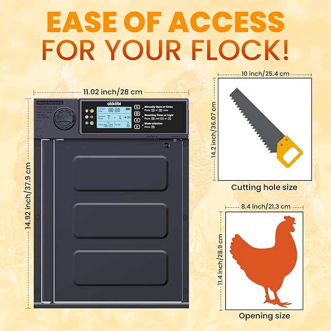 Okköbi Automatic Chicken Coop Door PRO - Light Sensor & Timer - Anti-Pinch Function - Wide Opening - New Model - Solar Powered with LCD Display - 5 Year Protection