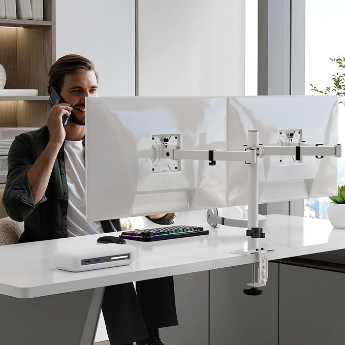 Pholiten Dual Monitor Stand, Heavy Duty Adjustable Monitor Arm Desk Mount for 2 Screens up to 42Inches, Tilt, Swivel, Rotate, Supports Tilt, Swivel, Rotate, Supports 22 lbs per Arm,White