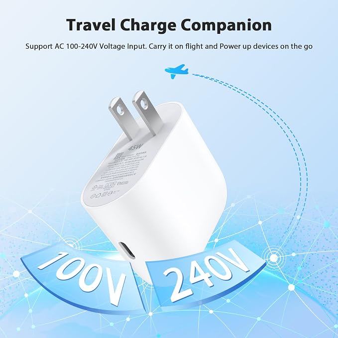 45W USB C Wall Charger Plug with 6ft Type C Charging Cable White | PD PPS Power Adapter USB C Super Fast Charging Power Delivery Adapter for iPhone 17 16 15 Galaxy S26 S25 For iPad Pixel 10