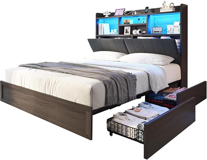 Queen Farmhouse Bed Frame with Bookcase Headboard and 4 Drawers, LED Storage Bed with Charging Station & Linen Upholstered, No Box Spring Needed,Black